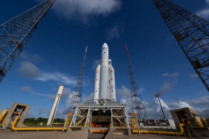 The European Space Agency's Jupiter Icy Moons Explorer liftoff at the agency's Centre Spatial Guyanais launch facility in Kourou, French Guiana, was delayed Thursday due to lightning. Photo courtesy of European Space Agency